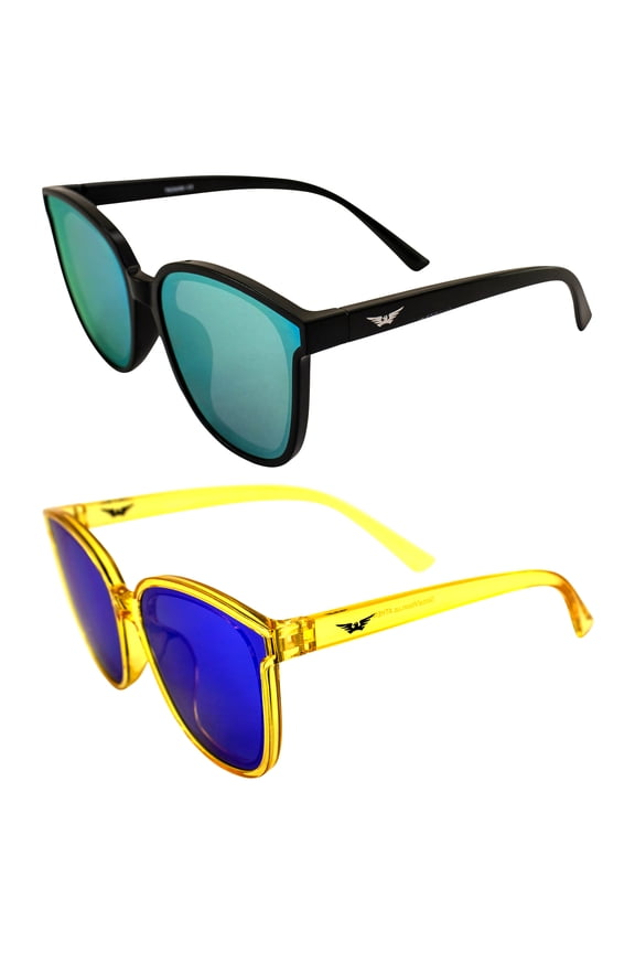 Eyewear Athena Fashion Sunglasses for Women 2 Pairs Black Frame w/Yellow Mirror Lens & Crystal Yellow Frame w/Blue Mirror Lens