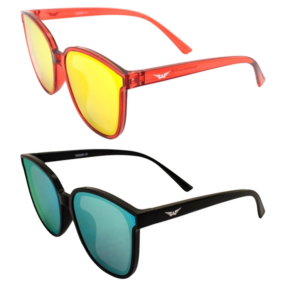 Global Vision Eyewear Athena Fashion Sunglasses for Women 2 Pairs Crystal Red Frame w/Red Mirror Lens & Black w/Yellow Mirror Lens