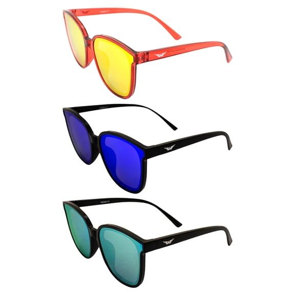 Global Vision Eyewear Athena Fashion Sunglasses for Women 3 Pairs Red Frame w/Red Mirror Lens & Black Frames w/Blue Mirror & Yellow Mirror Lenses