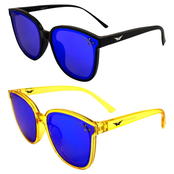 Global Vision Eyewear Athena II Fashion Sunglasses for Women 2 Pairs Black & Crystal Yellow Frames w/Blue Mirror Lenses