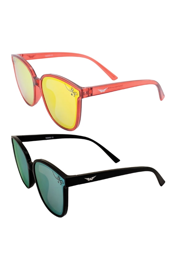 Eyewear Athena II Fashion Sunglasses for Women 2 Pairs Crystal Red w/Red Mirror Lens & Black w/Yellow Mirror Lens