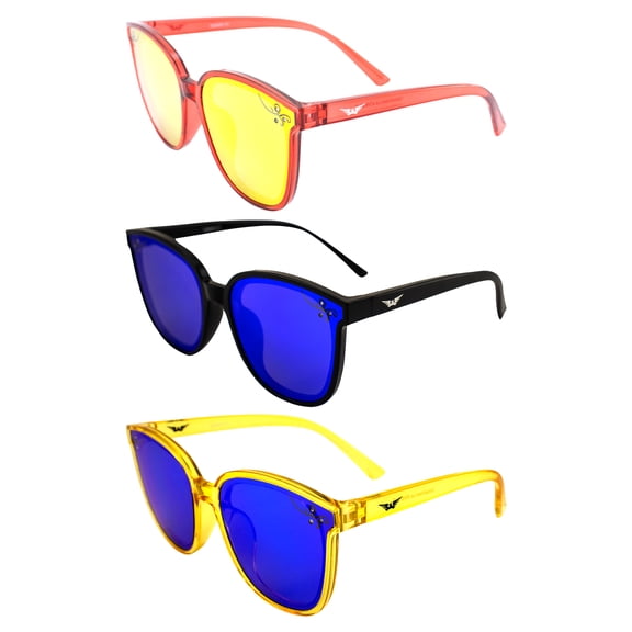 Global Vision Eyewear Athena II Fashion Sunglasses for Women 3 Pairs Red w/Red Mirror Lens Black & Yellow Frames w/Blue Mirror Lenses