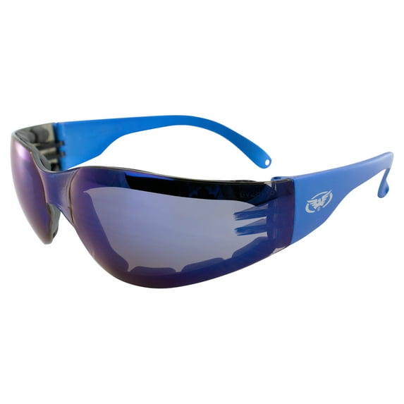 Global Vision Eyewear Rider Foam Padded Motorcycle Safety Sunglasses Metallic Blue Frame w/ Blue Mirror Lenses