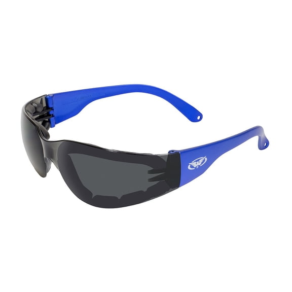 Global Vision Eyewear Rider PL Blue MET SM Safety Foam Padded Glasses, Smoke Lens, Metallic Blue Frame