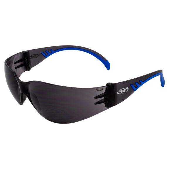 Global Vision Flyz One-Piece Lens Motorcycle Safety Wraparound Sunglasses ANSI Z87.1 Shatterproof Polycarbonate Lenses UV400 Scratch Resistant Double-Injected Black-Blue Rubber Tips Smoke Lens