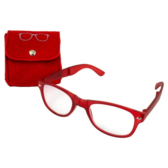 Global Vision Foldaway Reading Glasses for Men or Women +1.5 Magnification Foldable Red Frame w/Clear Lens & Color-Matching Pouch