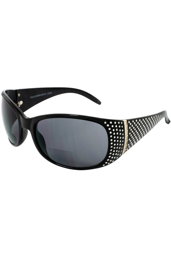 Galaxy Womens Bifocal Fashion Motorcycle Sunglasses Chrome Rhinestone Look Black Frames Smoke Lenses (2.00)