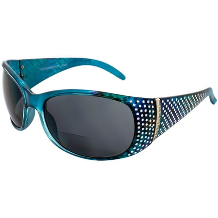 Global Vision Galaxy Womens Bifocal Fashion Motorcycle Sunglasses Chrome Rhinestone Look Blue Frames Smoke Lenses 2.5 Magnification