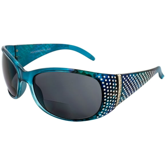 Global Vision Galaxy Womens Bifocal Fashion Motorcycle Sunglasses Chrome Rhinestone Look Blue Frames Smoke Lenses 2.5 Magnification