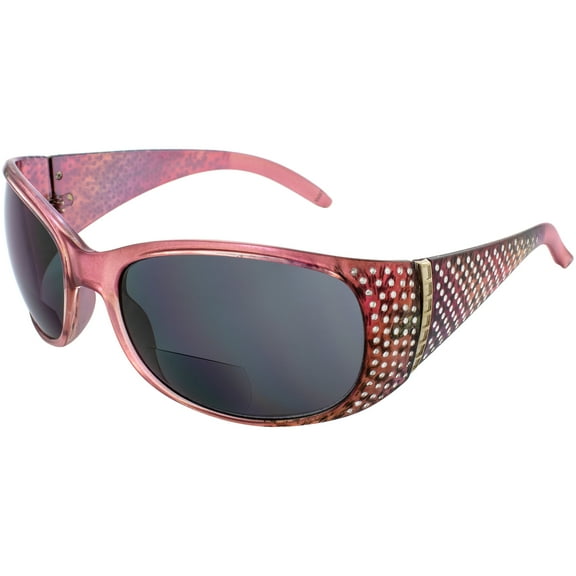 Global Vision Galaxy Womens Bifocal Fashion Motorcycle Sunglasses Chrome Rhinestone Look Pink Frames Smoke Lenses 2.5 Magnification
