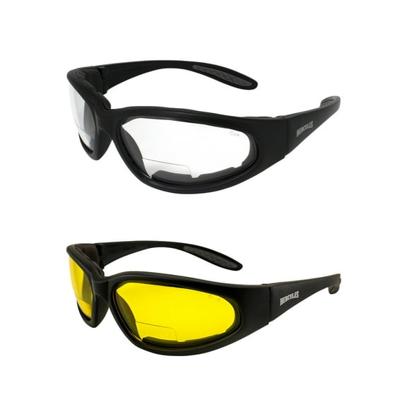 Global Vision Hercules Bifocal Motorcycle Safety Glasses Sunglasses 2 Pairs Padded Black Frames Clear & Yellow Lenses +2.0 Magnification Z87.1