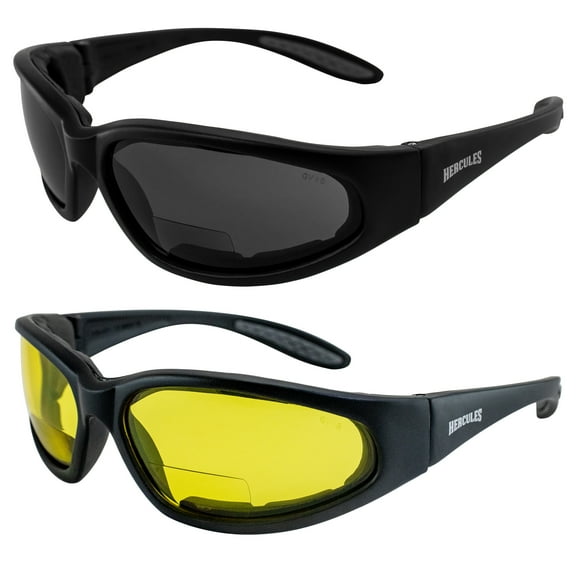 Global Vision Hercules Bifocal Motorcycle Safety Glasses Sunglasses 2 Pairs Padded Black Frames Smoke & Yellow Lenses +1.5 Magnification Z87.1
