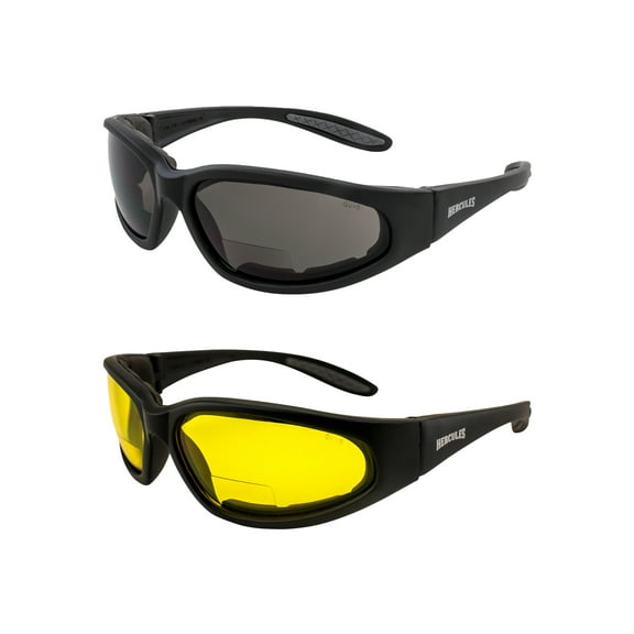 Global Vision Hercules Bifocal Motorcycle Safety Glasses Sunglasses 2 Pairs Padded Black Frames Smoke & Yellow Lenses +2.5 Magnification Z87.1