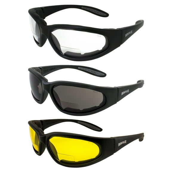 Global Vision Hercules Bifocal Motorcycle Safety Glasses Sunglasses 3 Pairs Padded Black Frames Clear Smoke & Yellow Lenses +2.5 Magnification Z87.1