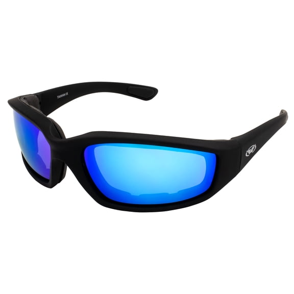 Global Vision Kickback Sports Padded Motorcycle Riding Sunglasses Black Frame w/ G-Tech Blue Mirror Lenses