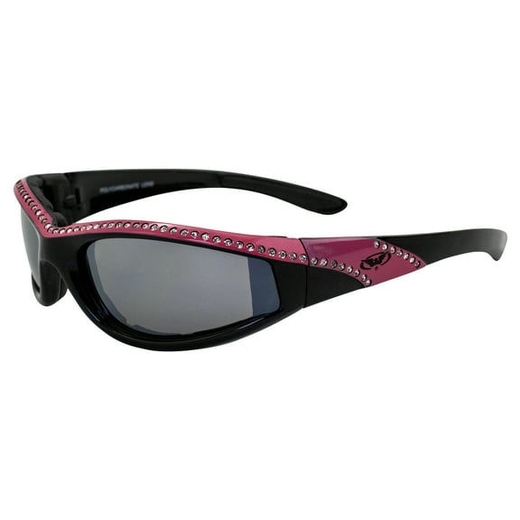 Global Vision Marilyn 11 Motorcycle Sunglasses Gloss Black and Pink Rhinestone Decorated Frames Flash Mirror Lenses