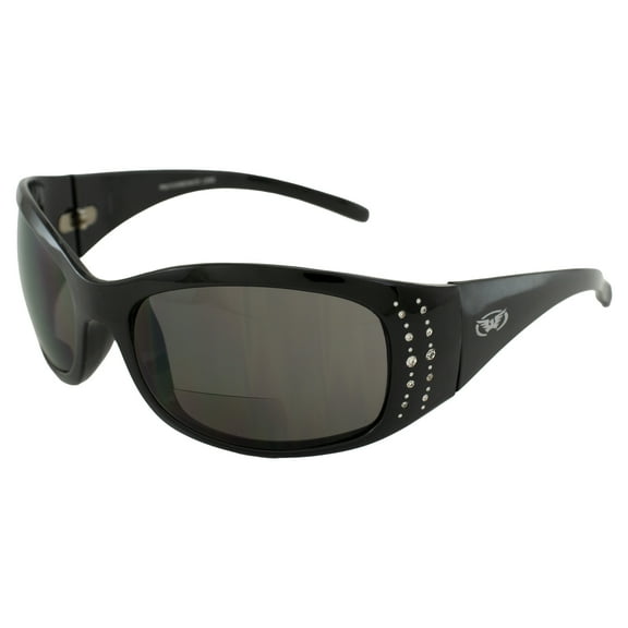 Global Vision Marilyn 2 Bifocal Sunglasses Rhinestone Decorated Gloss Black Frames 3.0x Magnification Smoke Lenses