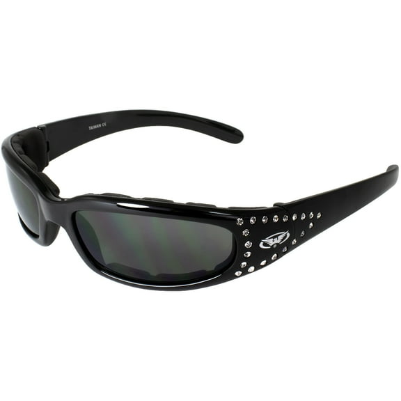 Global Vision Marilyn Women’s Motorcycle Sunglasses with Padded Frame, Smoke UV400 Lenses, and Rhinestone Accents