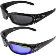 Global Vision Marilyn Womens Ladies Padded Motorcycle Sunglasses Bling Black Studded Frames G-Tech Blue Mirror & Smoke Lenses