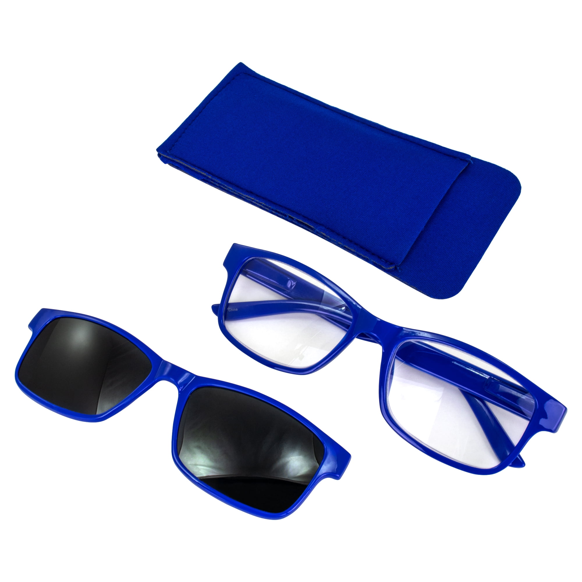 Global Vision Reading Glasses +1.5 Magnification Blue Frame w/ Clear Lens &  Matching Polarized Clip-On Shades 