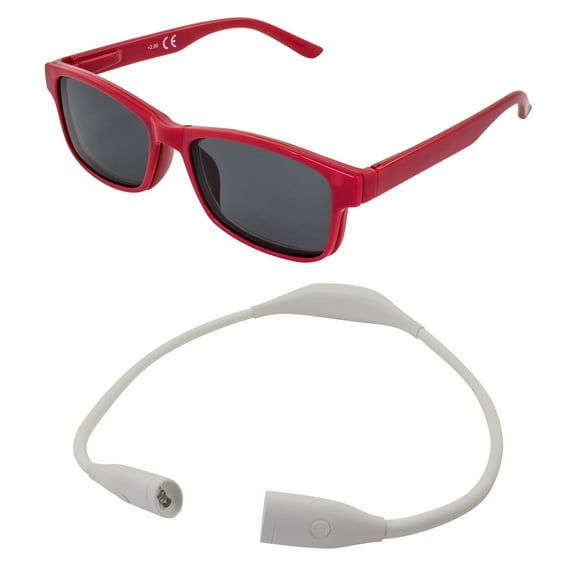 Global Vision Reading Glasses +2.0 Magnification Red Frame w/ Clear Lens & Matching Polarized Clip-On Shades and MotoProducts LED Neck Reading Light Bendable 3 Light Intensities