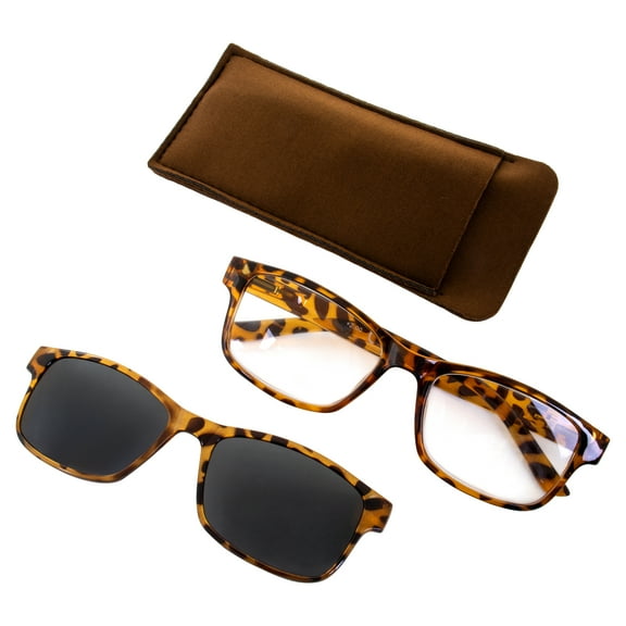 Global Vision Reading Glasses +2.25 Magnification Demi Brown Frame w/ Clear Lens & Matching Polarized Clip-On Shades