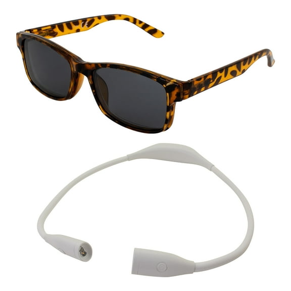 Global Vision Reading Glasses +3.0 Demi Brown Frame w/ Clear Lens & Polarized Clip-On Shades and MotoProducts LED Neck Reading Light Bendable 3 Light Intensities Book Light
