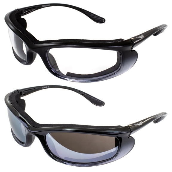 Global Vision Shadow Foam-Padded Motorcycle Sunglasses Glasses Shatterproof Polycarbonate 2 Pairs Clear & Flash Mirror Lenses w/ Two-Tone Black and Silver Frames