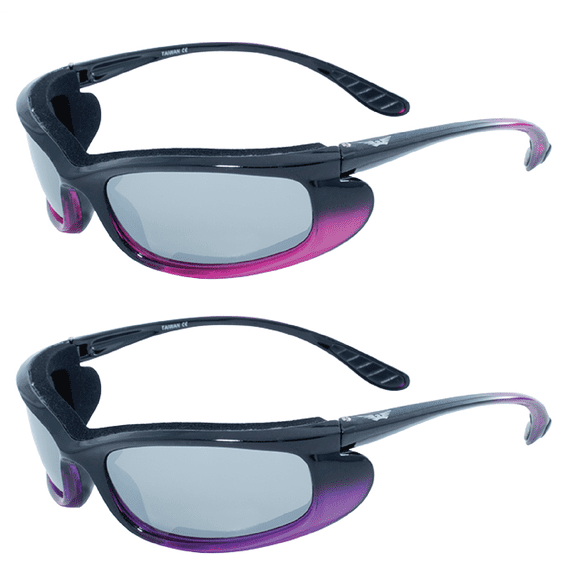 Global Vision Shadow Foam-Padded Motorcycle Sunglasses Riding Glasses For Men & Women 2 PairsTwo-Tone Black/Pink & Black/Purple Frames w/ Flash Mirror Lenses