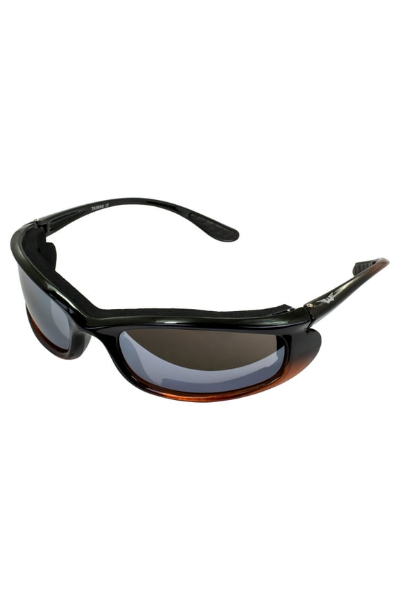 Shadow Foam-Padded Motorcycle Sunglasses For Men & Women Shatterproof Polycarbonate Flash Mirror Lens w/ Two-Tone Black and Orange Frame