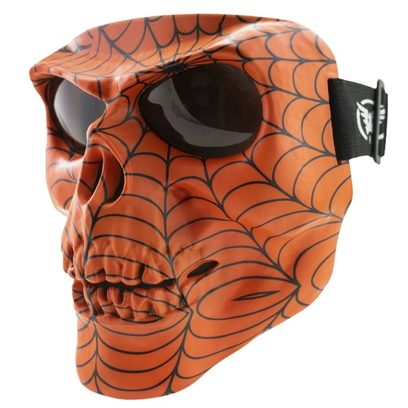 Global Vision Skull Mask Motorcycle Full Face Coverage Riding Goggles Matte Orange Web w/ Smoke Lenses