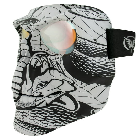 Global Vision Skull Mask Motorcycle Riding Goggles Full Face Coverage Black & White Snake Pattern w/ Clear Red Coated Mirror Lenses