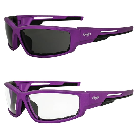 Global Vision Sly Padded Motorcycle Glasses for Women Sunglasses 2 Pair Purple Metallic Frames w/ Smoke & Clear Lenses