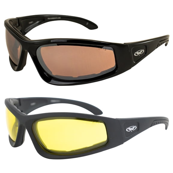 Global Vision Triumphant Padded Motorcycle Safety Glasses ANSI Z87 2 Pair Black Frame w/ Driving Mirror & Yellow Lenses