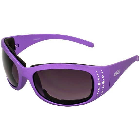 Global Vision Women's Marilyn 2 Plus Motorcycle Sunglasses Purple Bling Rhinestone Frame + Smoke Lenses