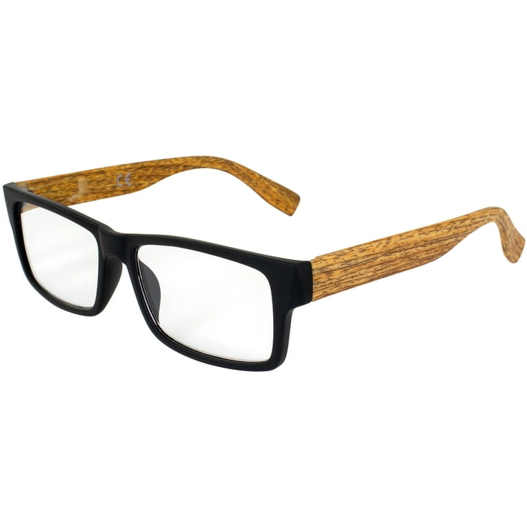 Global Vision Wood Premium Reader Glasses Polycarbonate Black Frame with Simulated Woodgrain Brown Temple Acrylic Clear Reading Lenses 3.0