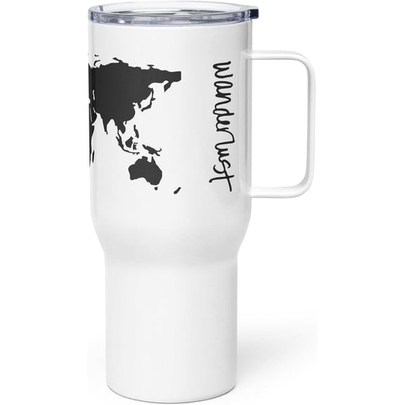"Global Wanderlust" Insulated Travel Coffee Mug with 360-degree World Map Print - 25 oz Stainless Steel Coffee & Tea Tumbler with Leakproof Lid - Perfect for Everyday Commuters and World Explorers