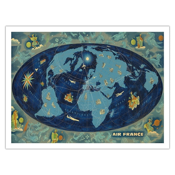 Global World Route Map - France - Planisphere - Vintage Airline Travel Poster by Lucien Boucher c.1962 - Bamboo Fine Art 290gsm Paper Print (Unframed) 24x32in