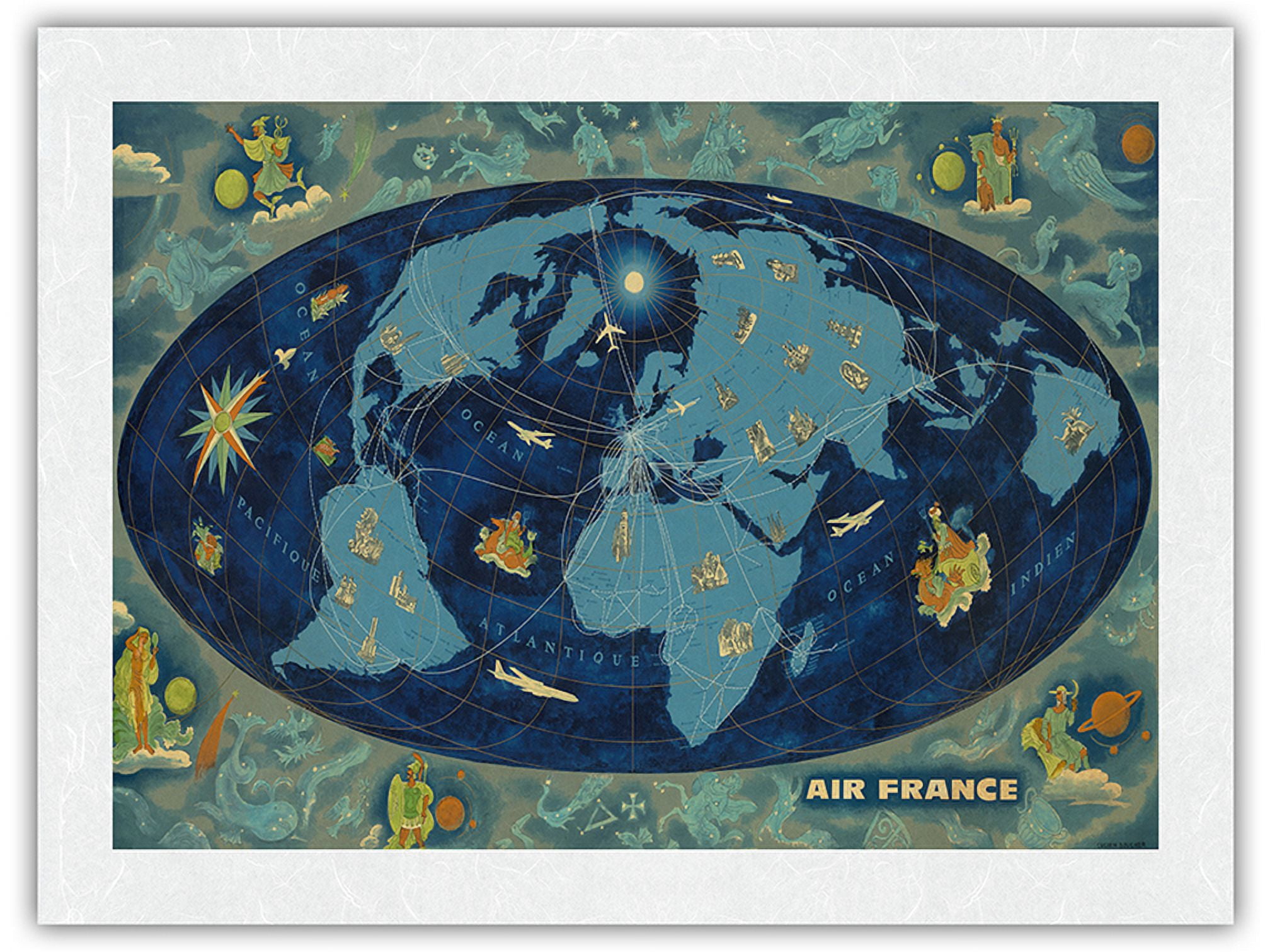 Global World Route Map - France - Planisphere - Vintage Airline Travel ...