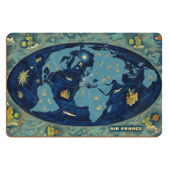 Global World Route Map - France - Planisphere - Vintage Airline Travel Poster by Lucien Boucher c.1962 - 8 x 12 inch Vintage Wood Art Sign