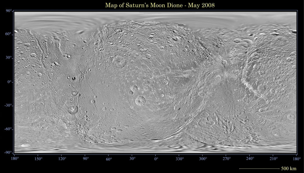 Global map of Saturns moon Dione Canvas Art - Stocktrek Images (38 x 22)