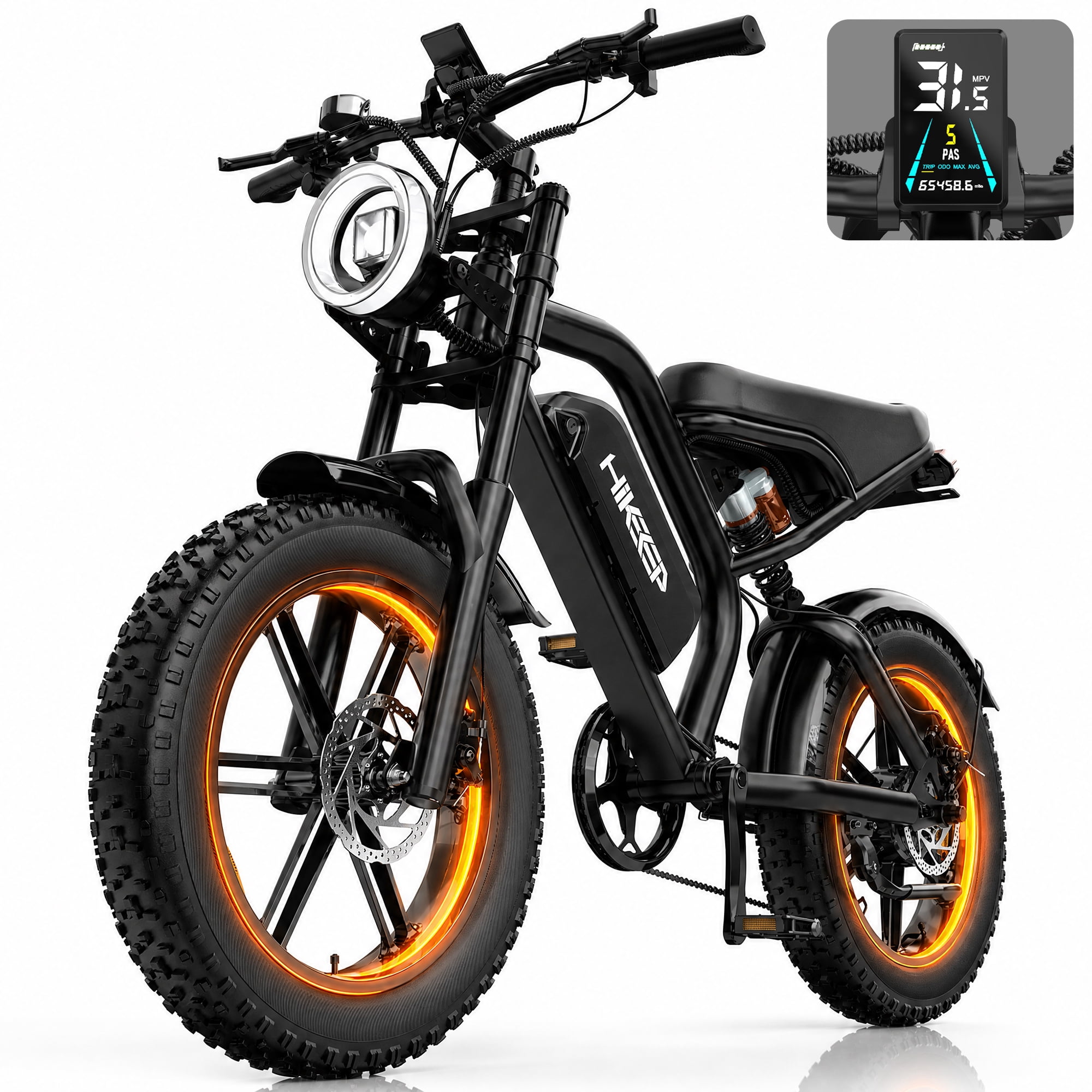 GlobalKeep 1500W Peak Electric Mountain Bike, 20" Fat Tire 32MPH Ebikes for Adults , 48V 15.6Ah Removable Battery, Full Suspension UL2849