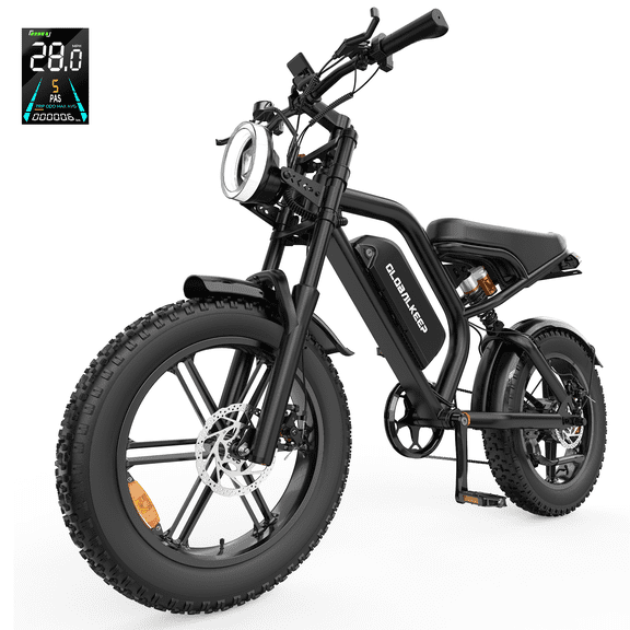 GlobalKeep 1500W Peak Electric Mountain Bike, 20" Fat Tire 28MPH Ebikes for Adults , 48V 15.6Ah Removable Battery, Full Suspension UL2849