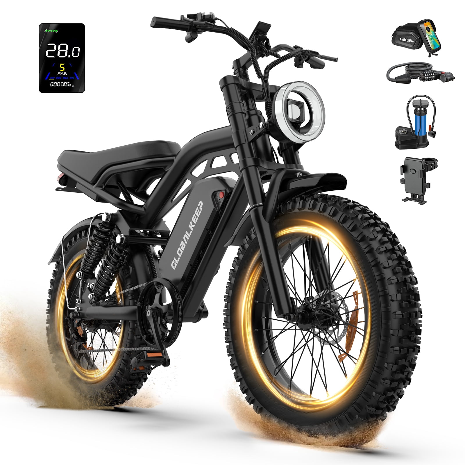 GlobalKeep Electric Mountain Bike for Adults, Peak 1500W Motor, 20"x4" Fat Tire E Bicycle, 48V/15.6Ah Battery UL2849