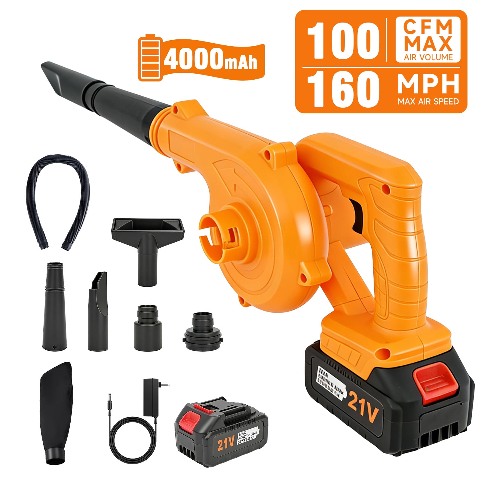 GlobalSourse 160 MPH Cordless Leaf Blower, 21V 2-in-1 Lightweight Electric Leaf Blower with 4.0Ah Battery for Patio, Lawn, Dust Cleaning, Yellow