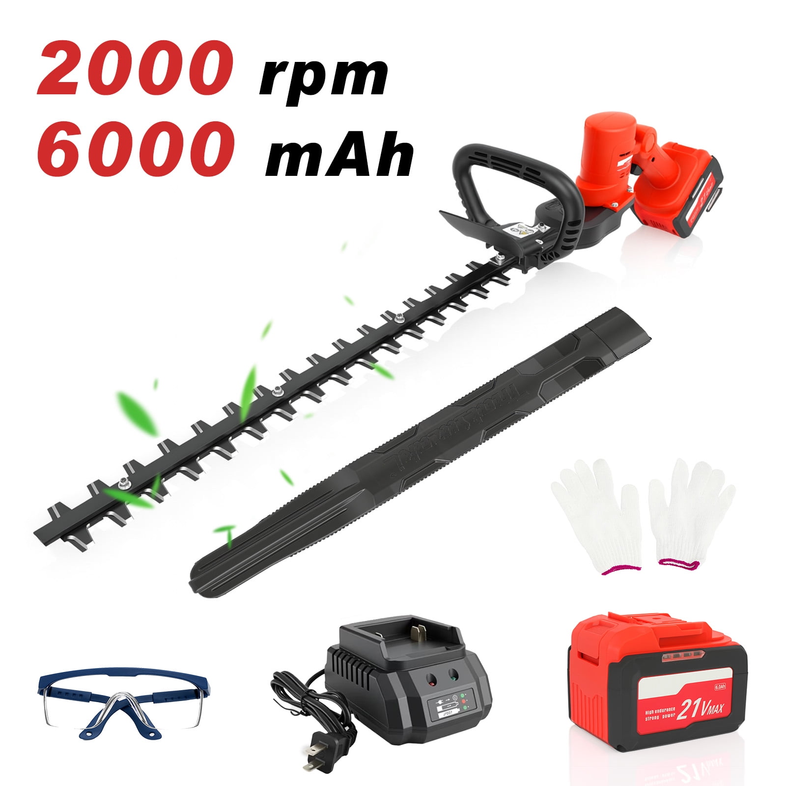GlobalSourse Cordless Hedge Trimmer, 21V Hedge Trimmer Cordless with 24-Inch Dual-Action Blade, 6.0Ah Battery & Charger, for Cutting, Trimming