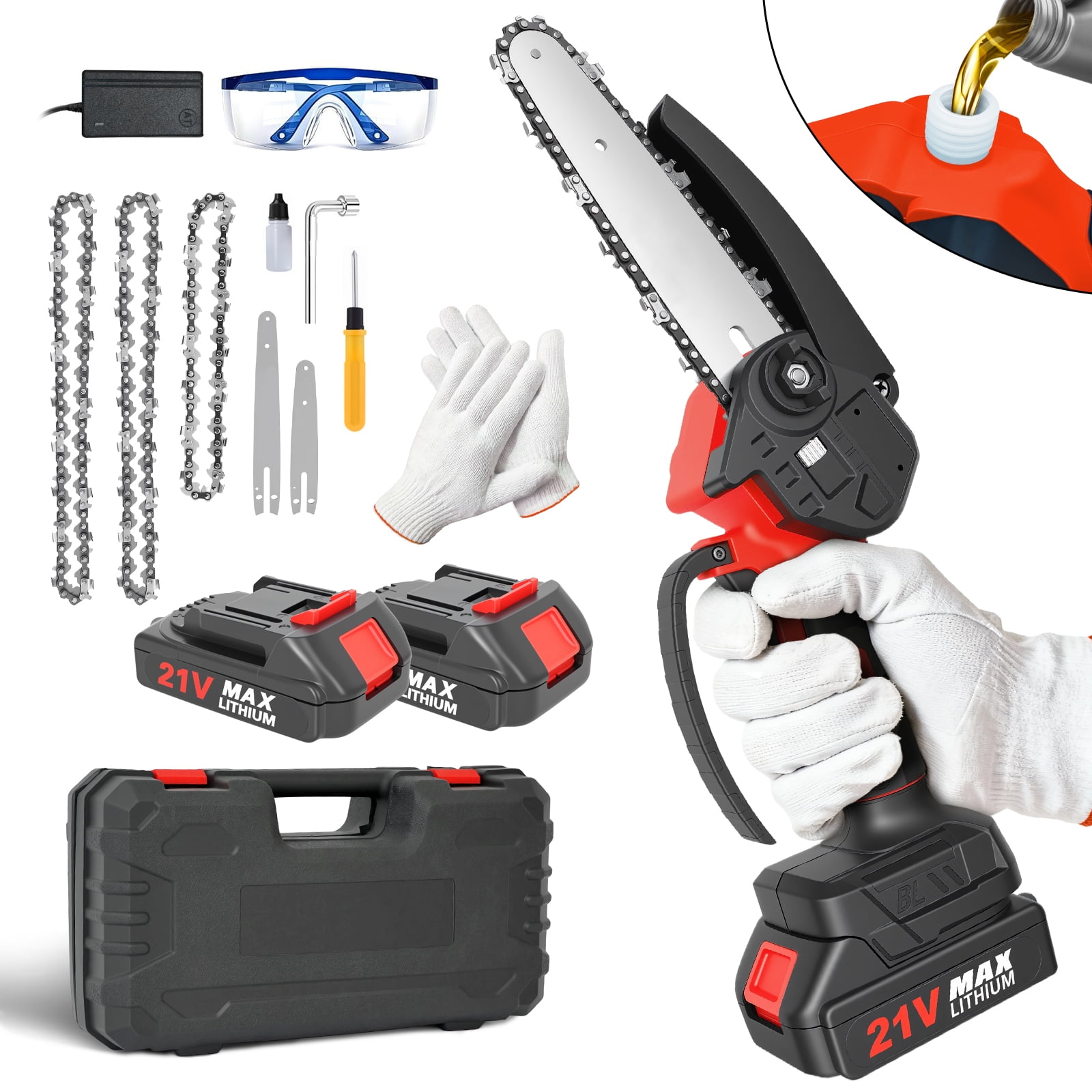 Globalsource 21V Cordless Mini Chainsaw, 6&4 Inch Electric Chainsaw with 2x2.0Ah Batteries, 500W Brushless Chain Saw for Tree Trimming, Alloy Chain & Safety Lock, Red