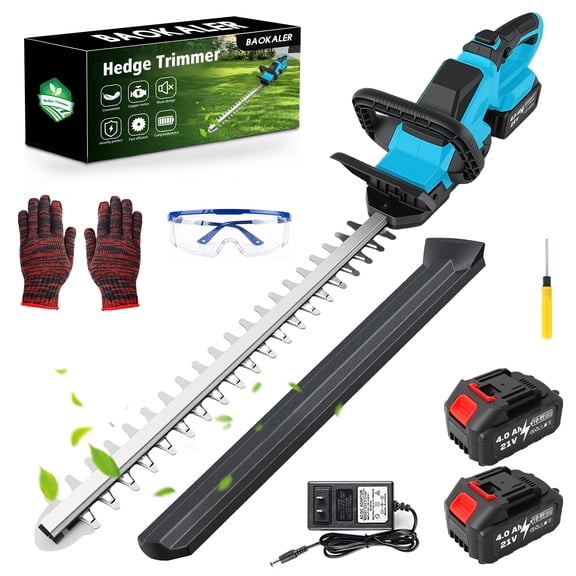 Globalsource Blue 21V Cordless Hedge Trimmer, Electric Rechargeable Bush Clipper with 21" Dual-Action Blade, 2×4.0Ah Batteries, 180° Rotatable Head, Splash Water Baffle, for Shrubs & Hedges