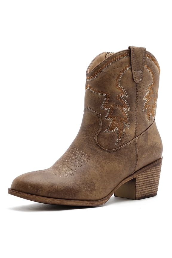 Globalwin Women’s Cowgirl Boots Ankle Cowboy Boots Camel With Embroidered Stitching Low Heel Comfortable Western Boots For Country Outfits Size 9.5M
