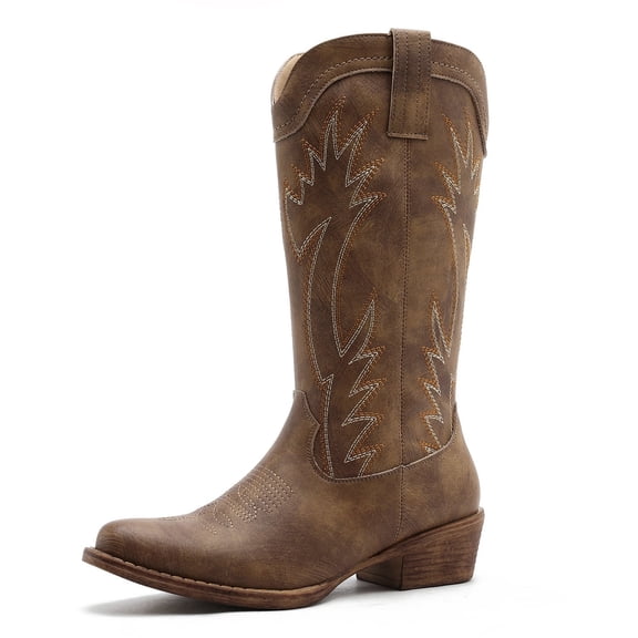 Globalwin Women’s Square Toe Cowgirl Boots Classic Mid-Calf Camel Cowboy Boots With Embroidered Stitching Low Heel Comfortable Western Boots For Country Outfits Size 10M